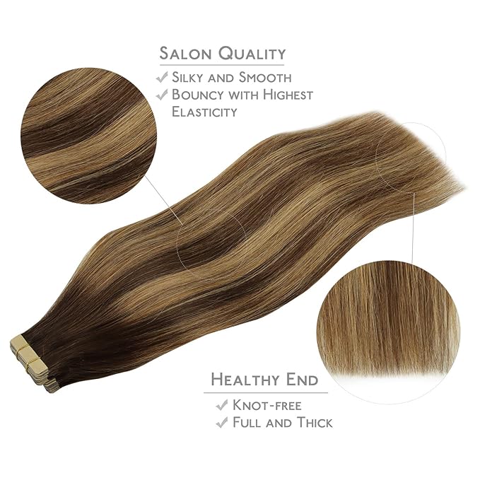 WENNALIFE Tape in Hair Extensions Human Hair, 20pcs 16 inch 50g Balayage Chocolate Brown to Caramel Blonde Remy Tape Hair Extensions Real Human Hair Tape Extensions Coloured Hair Extensions