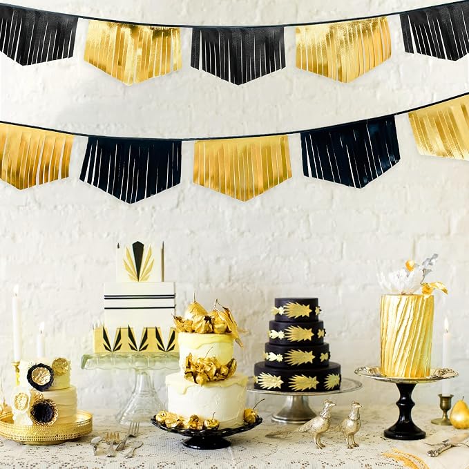 Black and Gold Tassel Banner Double Sided Metallic Fabric Pennant Bunting Flag - Image 4