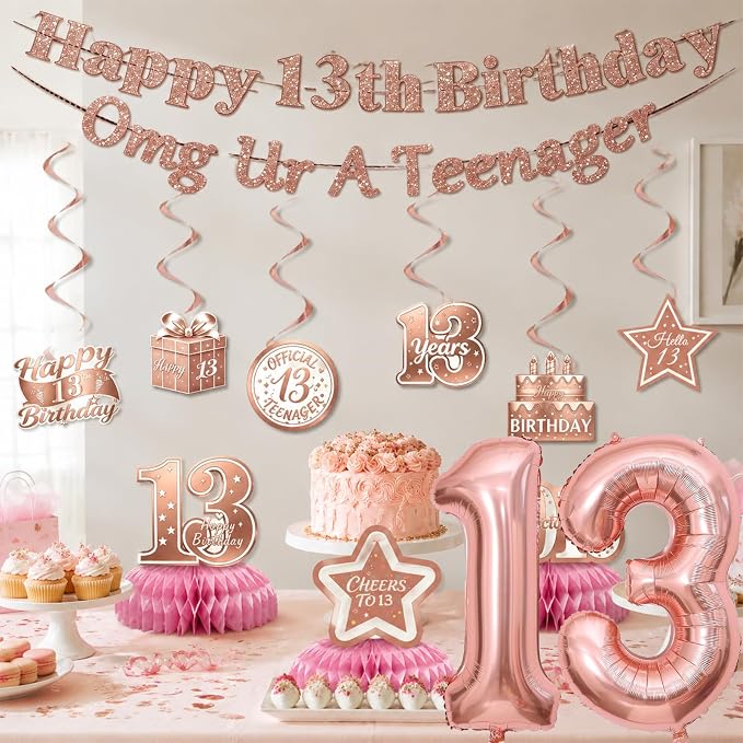 13th Birthday Decorations For Girls, Pre-Strung Rose Gold Happy 13th Birthday & - Image 5