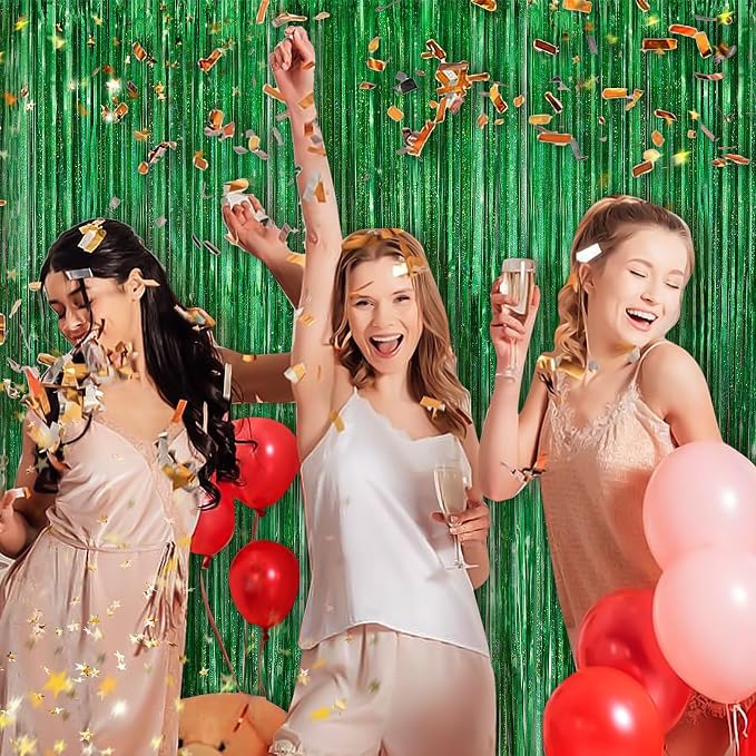 Green Metallic Tinsel Foil Fringe Curtains, 4 Pack 3.3x8.3 Feet Party Streamer - Image 3