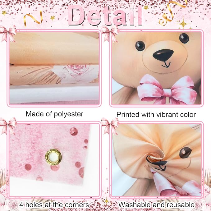 Pink Bear Baby Shower Backdrop 6x3.6 ft We Can Bearly Wait Banner - Image 6