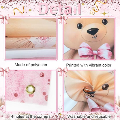 Pink Bear Baby Shower Backdrop 6x3.6 ft We Can Bearly Wait Banner - Image 6