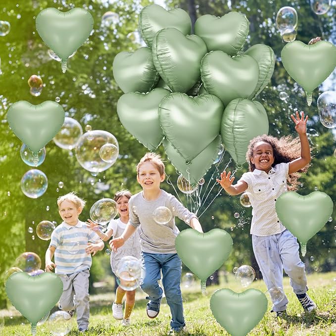 Sage Green Heart Foil Balloon, Light Green Heart Shaped Foil Balloons - Image 4
