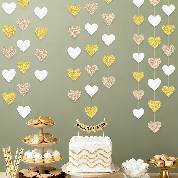 Heart Party Decorations Glitter Gold Champagne Gold White Paper Love Heart - Image 7