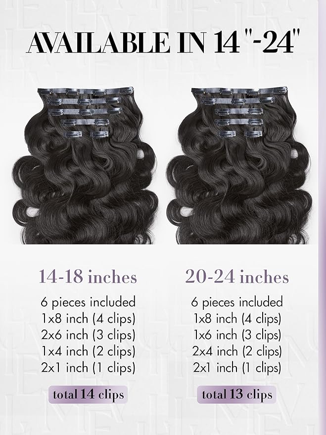 LUVME Invisible Clip in Hair Extensions Body Wave Real Human Hair, Remy Hair Clip ins for Women, Natural Human Hair, 24 inch 110g 6Pcs, Natural Black