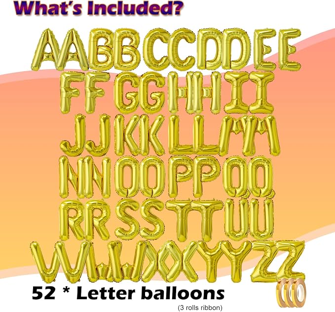 52 Pcs 16 Inch Gold Letter Foil Balloons, 2 Sets of A-Z, Mylar Metallic - Image 2