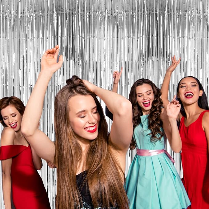 Voircoloria Silver Foil Fringe Backdrop Curtains, 3 Pack | Tinsel Streamers - Image 7