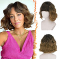BARSDAR Brown Ombre Short Wavy Wig with Bangs - Short Wavy Brown Wig for Women - Fluffy Soft Synthetic Curly Textured French Bob Ombre Wigs with Bangs Natural Looking Face-Framing Daily