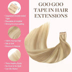 GOO GOO Tape in Hair Extensions Human Hair, 18A/613A Dark Blonde Highlighted Bleach Blonde, 18inch 25g 10pcs, Skin Weft Seamless Invisible, Silky Straight with Thick Ends, Remy Human Hair