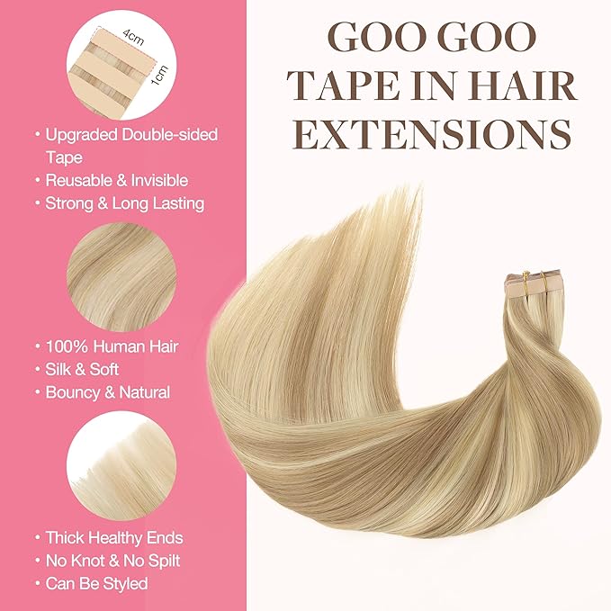 GOO GOO Tape in Hair Extensions Human Hair, 18A/613A Dark Blonde Highlighted Bleach Blonde, 14inch 25g 10pcs, Skin Weft Seamless Invisible, Silky Straight with Thick Ends, Remy Human Hair