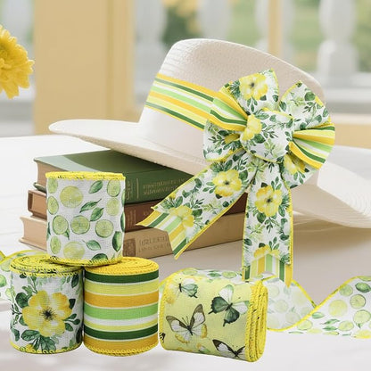 4 Rolls Floral Wired Edge Ribbon – Spring Summer Yellow Grosgrain - Image 5