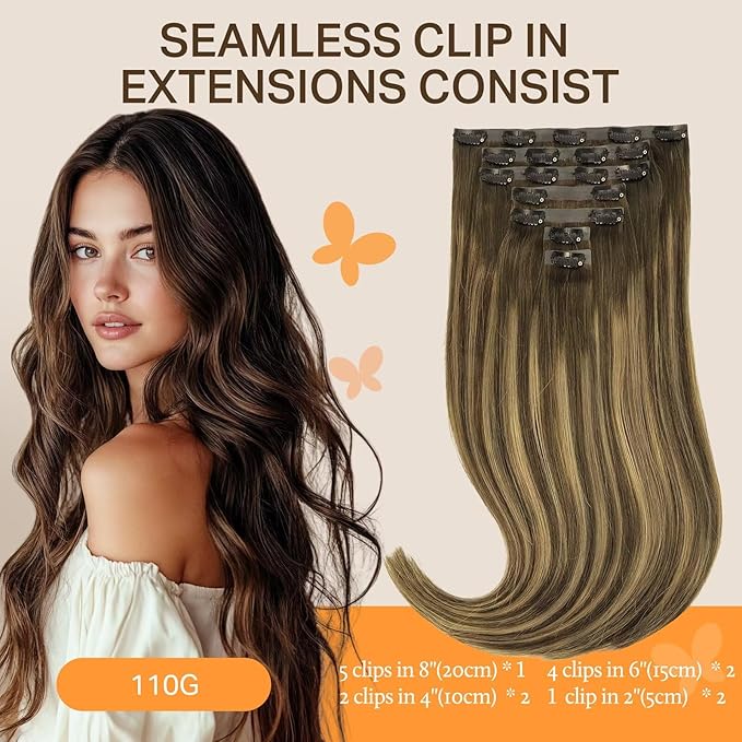 DOORES Hair Extensions Real Human Hair, Chocolate Brown to Caramel Blonde 7pcs 14 Inch 110g, Seamless Clip in Hair Extensions Human Hair Extensions Invisi Edge Hair Extensions Straight Hair
