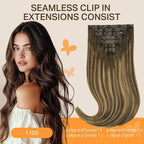 DOORES Seamless Clip in Hair Extensions, Chocolate Brown to Caramel Blonde 16 Inch 110g 7pcs, Seamless Human Hair Extensions Invisible Edge Hair Extensions Straight Hair Skin Weft