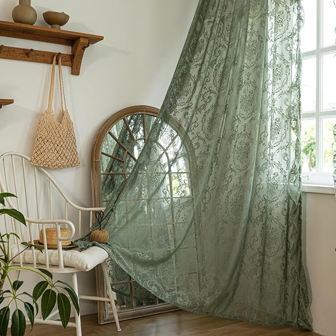 Deeprove Olive Green Sheer Lace Ruffled Curtains 72 Inch Long Pair by Deeprove