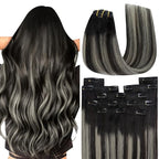 YoungSee Clip in Human Hair Extensions Black Ombre Clip in Hair Extensions Human Hair Balayage Black Mix Silver Real Human Hair Extensions Clip ins 120G 7Pcs 22Inch