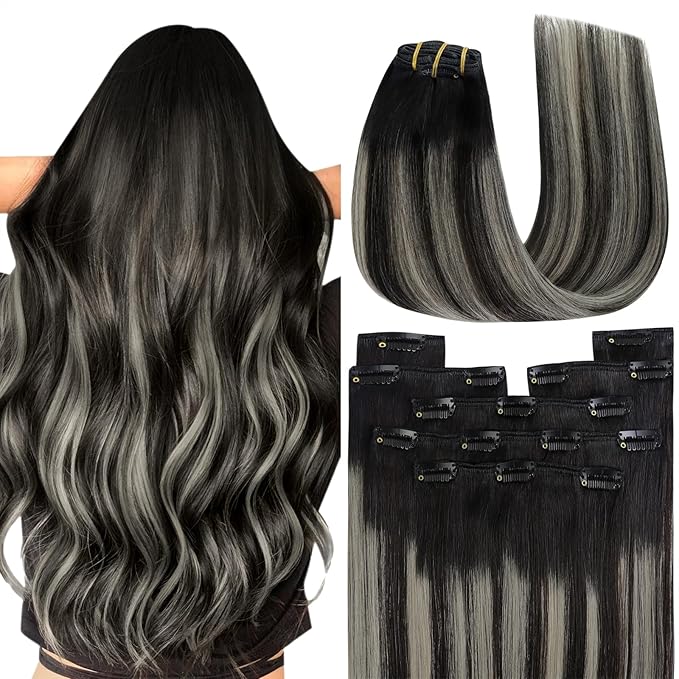 YoungSee Clip in Hair Extensions Real Human Hair Black Balayage Hair Extensions Clip ins Natural Black Roots Sliver Balayage Clip in Extensions Real Human Hair for Women 14Inch 120G 7Pcs