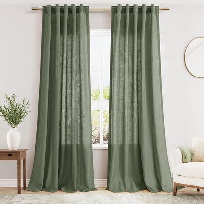 Olive Green Linen Textured 96 Inch Curtains 2 Panel Set Back Tab Rod Pocket by Nanspring