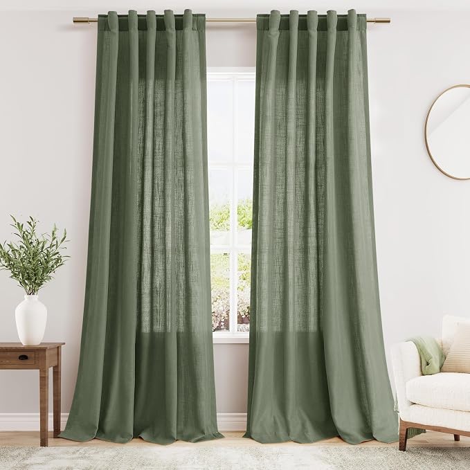 Olive Green Boho Curtains for Bedroom Back Tab Rod Pocket Semi Sheer Linen by Nanspring
