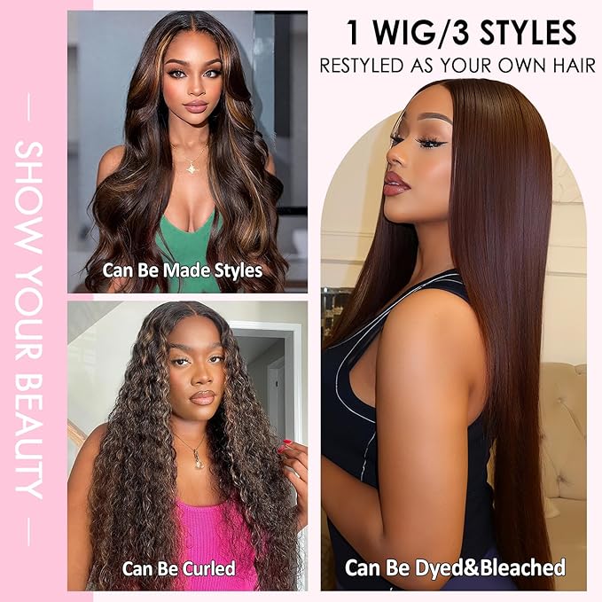 Highlight Ombre Lace Front Wig Human Hair Straight Wigs Human Hair 1B/30 Brown Highlight 13x4 Lace Front Wigs human hair Pre Plucked 200% Density Colored 26 Inch Balayage Glueless Wigs for Women