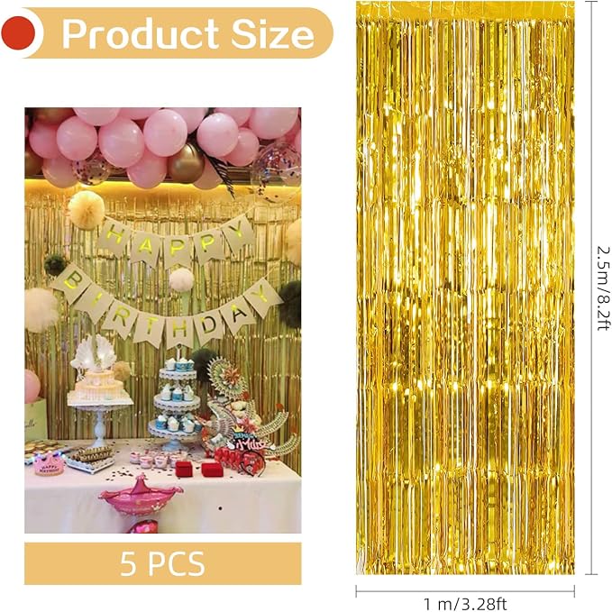 5 Pack Gold Fringe Backdrop 3.2ft x 8.2ft Foil Curtain Tinsel Foil Fringe - Image 3