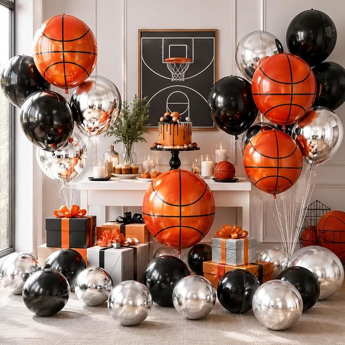 Basketball Round Foil Balloons, Basketball Black Silver Foil Baloon - Image 6