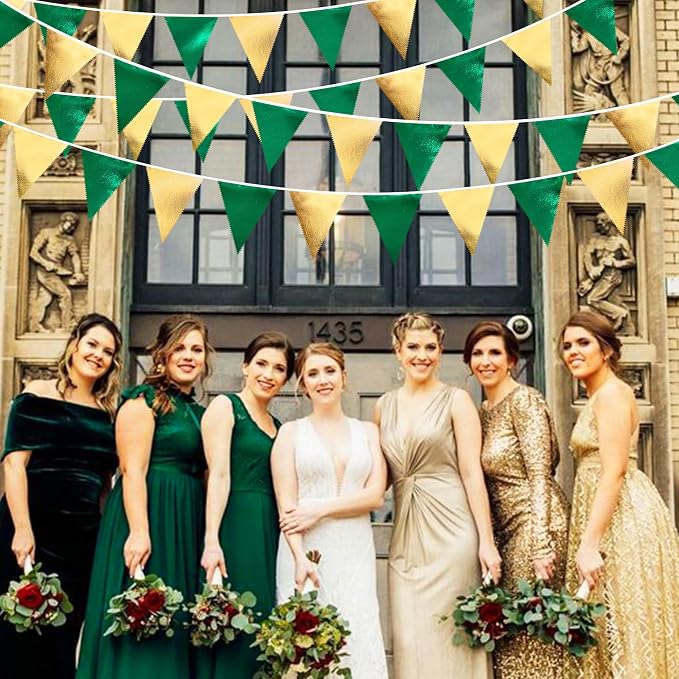 Green Gold Party Decorations Metallic Fabric Triangle Pennant Banner Flag - Image 5