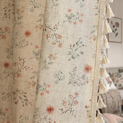 Boho Floral Light Filtering Curtains 84 Inch 2 Panels Linen Texture | Farmhouse by Unknown