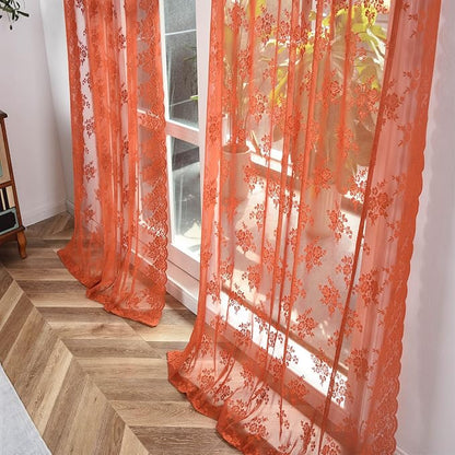 Kotile Burnt Orange Sheer Floral Curtains - Image 4