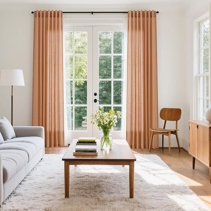 Peach Quartz Curtains 84 Inch Long 2 Panels Set Back Tab Rod Pocket Linen Blend - Image 7