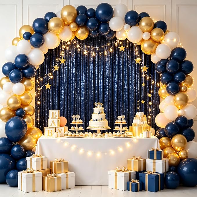 ShinyBeauty Navy Sequin Backdrop Curtains 2 Panels 4x7FT Wedding Party | - Image 3