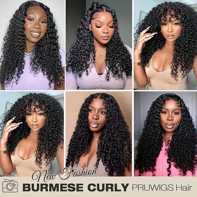 Burmese Curly Human Hair Wig with Spiral End 200% Density 360 Full HD Lace Front Wigs Human Hair Water Wave Wigs for Women 20Inch Pre Plucked with Baby Hair Tiny Knots Natural Black