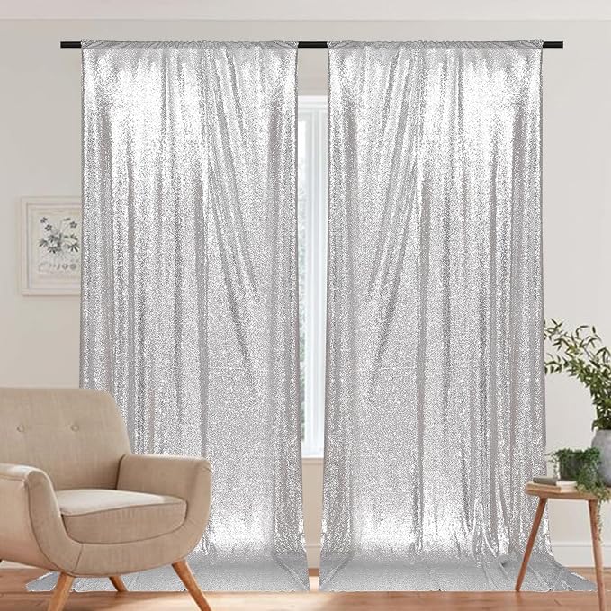 PartyDelight Silver Sequin Backdrop Curtains 5x10ft 2 Panels | Sparkly 3mm - Image 7