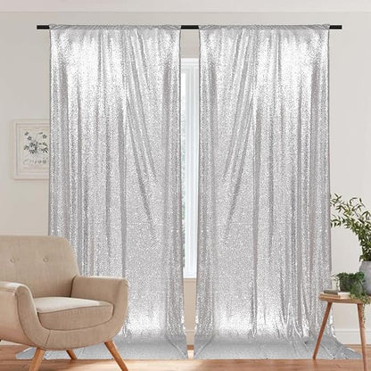 PartyDelight Silver Sequin Backdrop Curtains 5x10ft 2 Sparkly Panels | 4 Inch - Image 8