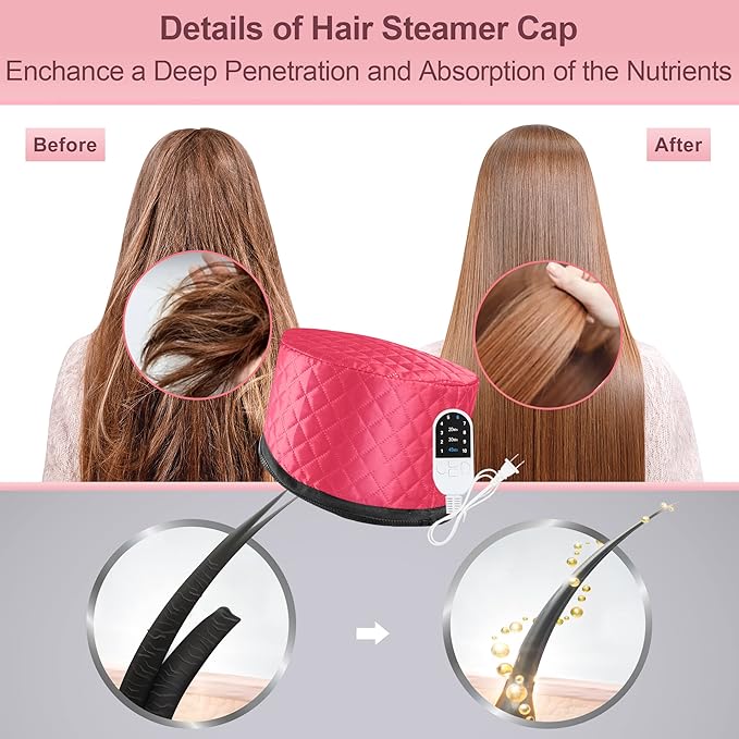 Heat Cap for Deep Conditioning, Ingeware Thermal Cap for Hair Steamer Cap for Natural Hair Portable Electric Heat Hair Spa Cap for Home Use Pattern (Rose Red)