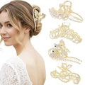 4Pcs Large Metal Hair Claw Clips with Rhinestones & Pearls, Peacock-Music Note-Butterfly-Ginkgo Non-Slip Hair Clips for Thin/Medium/Thick Hair, Gold Sparkly Strong Hold Hair Claws for Women Girls
