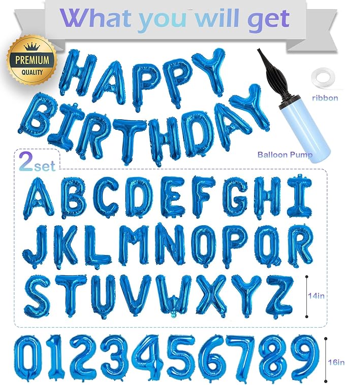 Blue Happy Birthday Balloon Banner Set -16" Foil Letters Balloons | 76pcs - Image 2