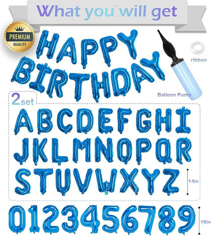 Blue Happy Birthday Balloon Banner Set -16" Foil Letters Balloons | 76pcs - Image 2