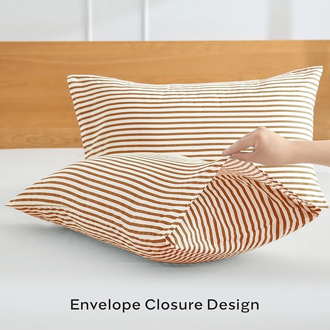 JELLYMONI 100% Natural Cotton Striped King Pillowcases Set, 2 Pack White and Rust Stripes Pattern Printed Pillow Covers with Envelope Closure(Pillows are not Included)