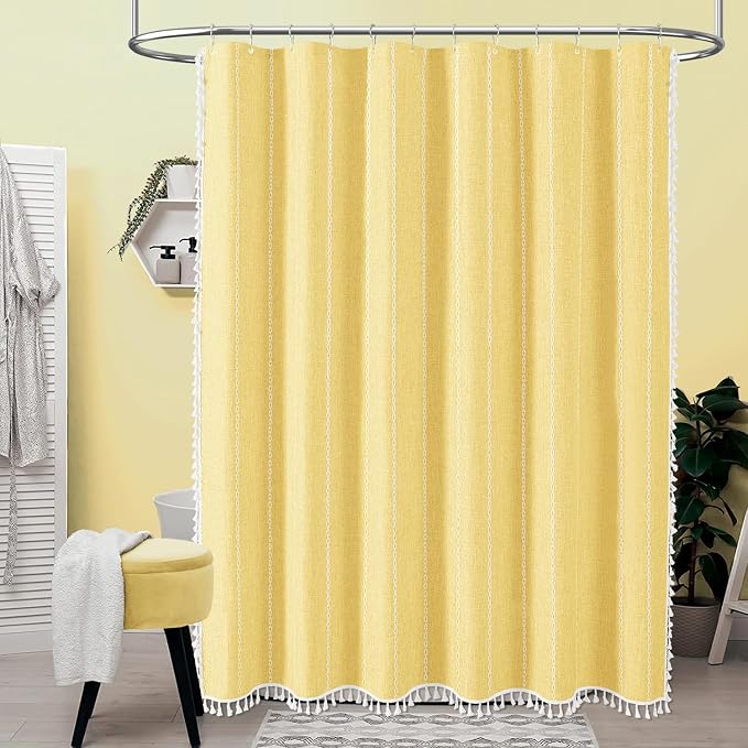 Yellow Cream Boho Farmhouse Linen Heavy Duty Shower Curtain Set, 72x72 | 330GSM - Image 2