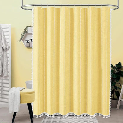 Yellow Cream Boho Farmhouse Linen Heavy Duty Shower Curtain Set, 72x72 | 330GSM - Image 2