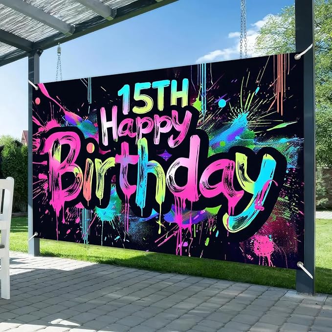 HOMETITUTE Neon 15th Happy Birthday Banner 71x43 Inch Paint Splatter Glow in - Image 2