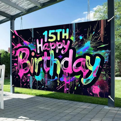 HOMETITUTE Neon 15th Happy Birthday Banner 71x43 Inch Paint Splatter Glow in - Image 2