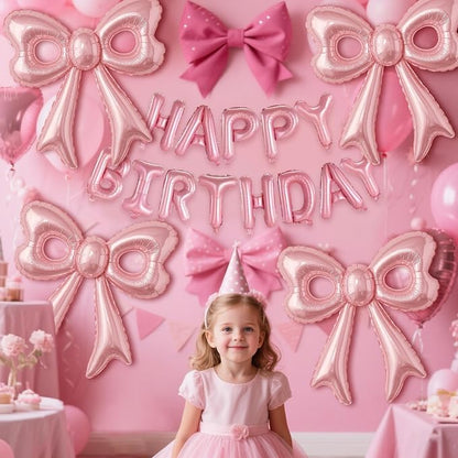 Pink Happy Birthday Balloons, 31”Huge Pink Bow Aluminum Foil Balloons - Image 4