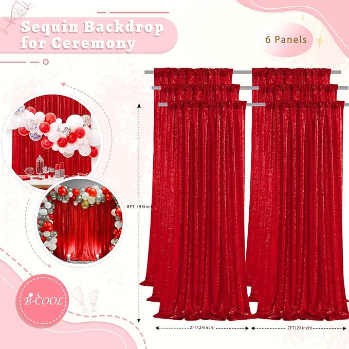 Red Sequin Curtains Backdrop 6 Pcs 2FTx8FT Shiny Shimmer Fabric | Glitter - Image 3