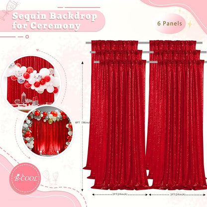 Red Sequin Curtains Backdrop 6 Pcs 2FTx8FT Shiny Shimmer Fabric | Glitter - Image 3