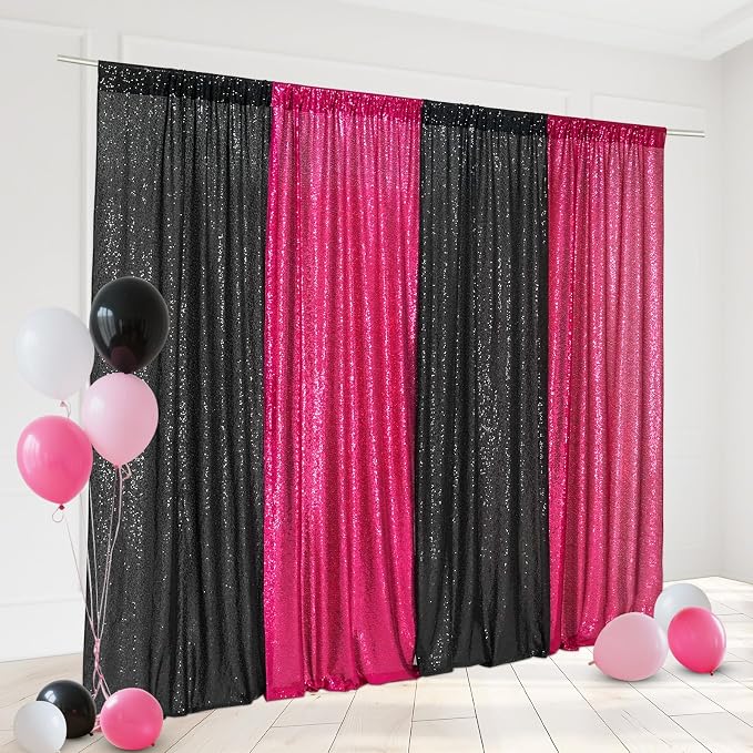 Eternal Beauty Black & Hot Pink Sequin Backdrop Curtains, 4 Panels 2x8FT | 3mm - Image 2