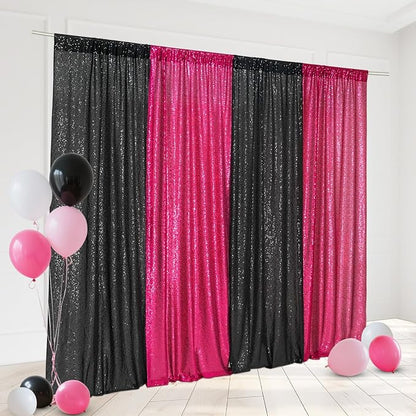 Eternal Beauty Black & Hot Pink Sequin Backdrop Curtains, 4 Panels 2x8FT | 3mm - Image 2