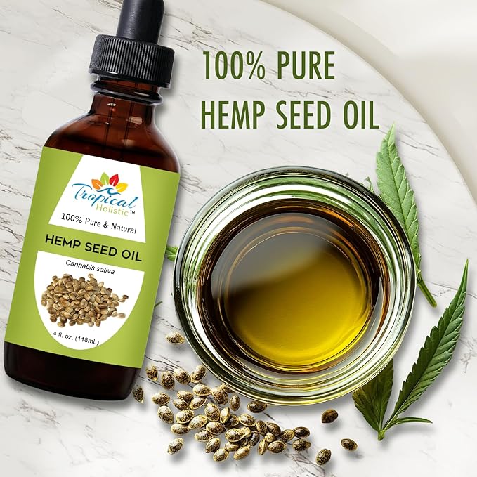 Tropical Holistic 100% Pure Organic Hemp Seed Oil (4oz) - Cold Pressed Natural Skincare for Face, Hair, Nails, Cuticles, Makeup, Massage, DIY Projects