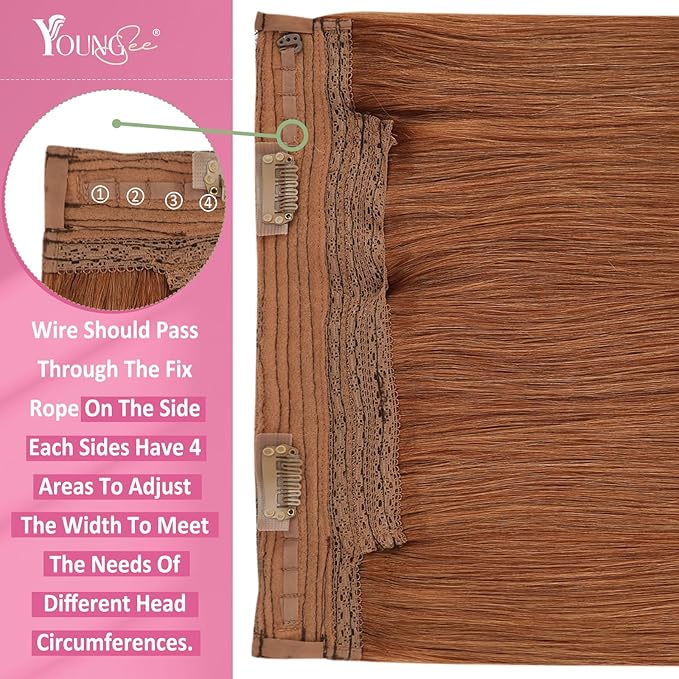 YoungSee Invisible Wire Hair Extensions Copper Color Hair Extensions Wire Light Copper Human Hair Headband Extensions for Women 18inch 80g