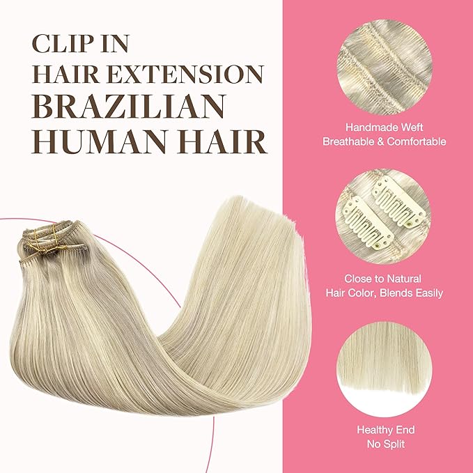 GOO GOO Clip in Hair Extensions Real Human Hair, Remy Human Hair Extensions Clip ins for Women, Natural Human Hair, 22inch 150g 9Pcs, 17A/60A Ash Blonde Highlighted Platinum Blonde